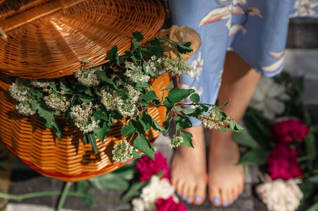 Picknickkorb karierte weiße Wiesenblumen Pfingstrose im WeidenkorbJunge schöne Frauenbeine