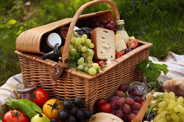 Picknickkorb mit frischem Gemüse, Käse und köstlichen Gewürzen, die mit generativer KI kreiert wurden