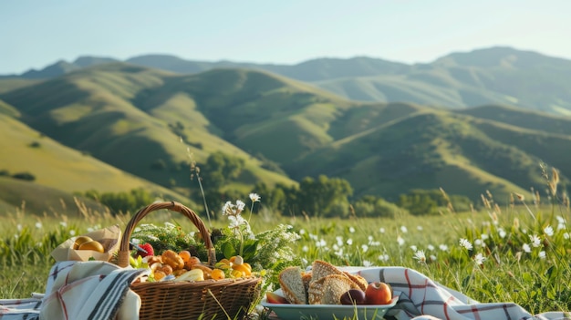 Picknickkorb mit gesundem Essen auf einer üppig grünen Wiese