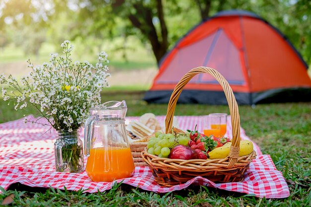 Picknickkorb mit Lebensmittel auf einem roten und Weiß überprüften Stoff auf dem Gebiet