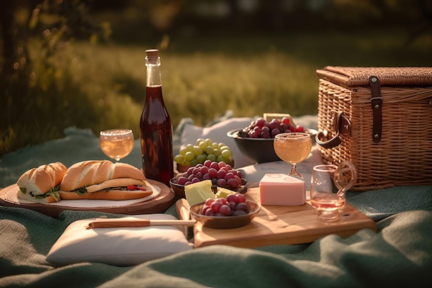 Picknickkorb mit Obst und Backwaren auf Stoff im Garten, KI generiert