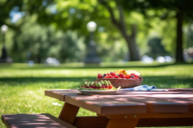 Picknicktisch mit einer Obstschale darauf