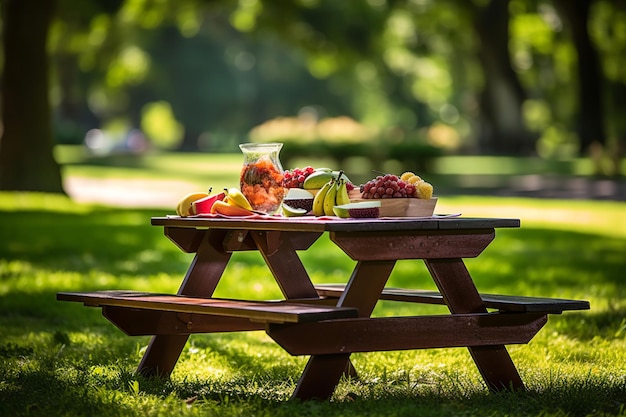 Picknicktische im Park mit Obst und Getränken