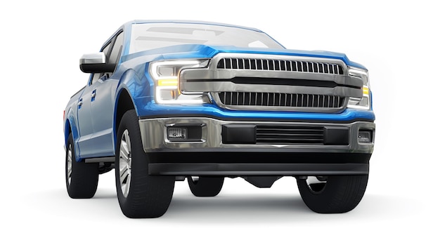 Pickup-Truck mit leuchtenden Scheinwerfern einer Doppelkabine auf einem weißen, einheitlichen Hintergrund 3D-Rendering