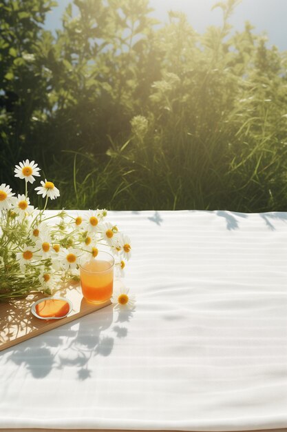 Pícnic al aire libre de primavera con comida de mantel y espacio de copia para colocar texto