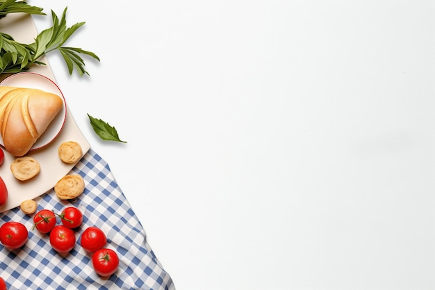 Pícnic al aire libre de primavera con comida de mantel y espacio de copia para colocar texto