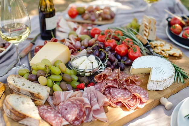 Foto picnic al aire libre con queso y charcutería