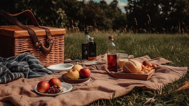 Picnic al aire libre y relajación con comida y frutas generadas por IA