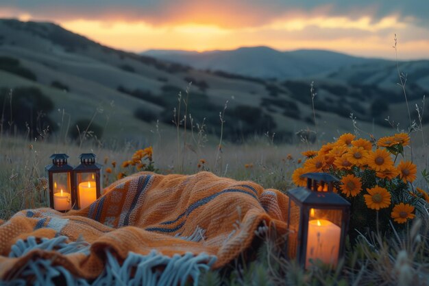 Foto picnic al atardecer con una manta de color naranja ardiente, linternas a la luz de las velas y una configuración acogedora para una noche romántica