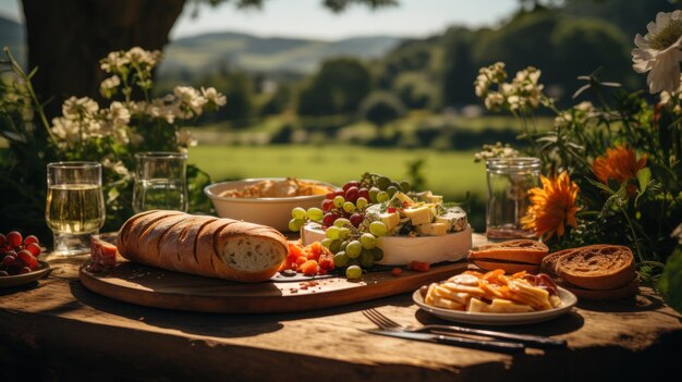 Un picnic con bocadillos de frutas y bebidas cerca de un lago en calma