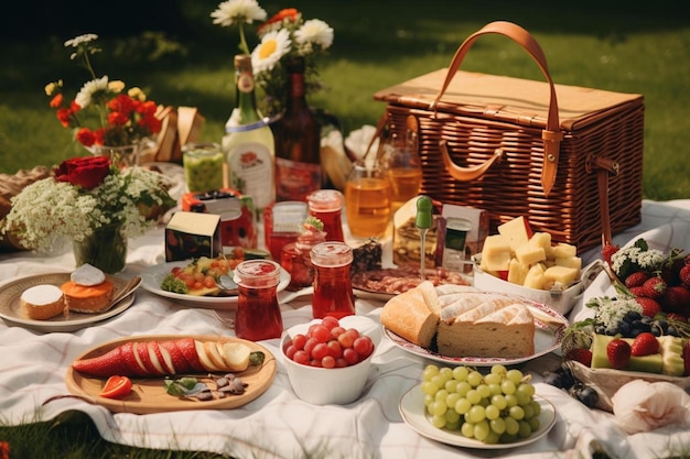 Un picnic con una cesta de uvas, pan y vino.