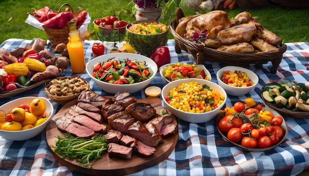 Foto picnic com carne e legumes num lugar pitoresco na natureza muita comida