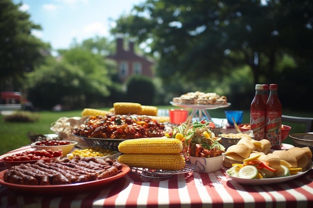 Foto un picnic con comida en la mesa.