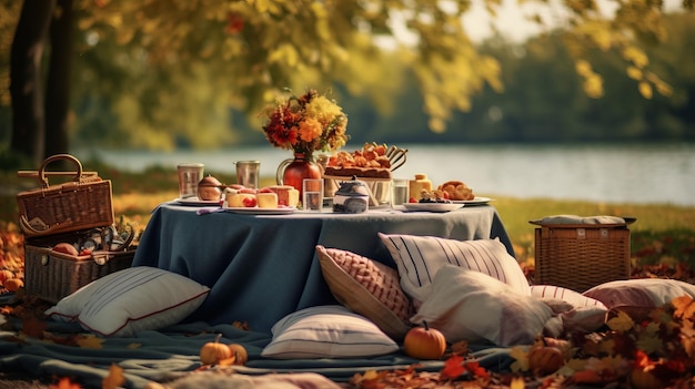 Picnic de outono em um parque cercado de folhas coloridas e abóboras