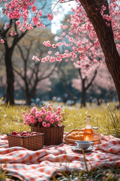 Picnic de primavera no parque com árvores