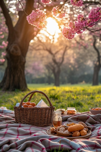 Picnic de primavera no parque com árvores