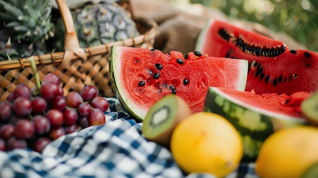 Foto un picnic delicioso y saludable con frutas frescas una canasta de picnic llena de uvas maduras de sandía kiwi y piña