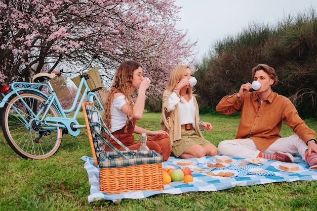 Picnic familiar celebrando el Día de la Madre con su hijo e hija