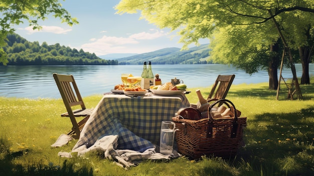 Foto picnic familiar en el lago