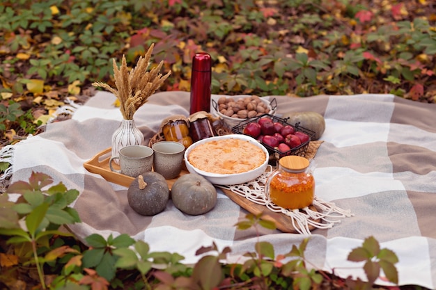 Picnic familiar de otoño con pastel, calabaza, té