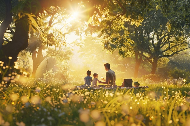 Un picnic familiar en un prado soleado