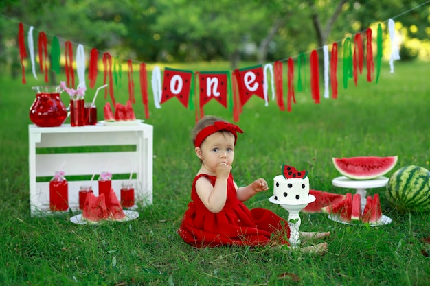 Un picnic festivo para el primer cumpleaños con decoración de guirnaldas de limonadas y sandías.