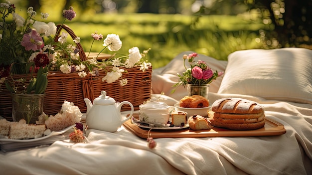 Picnic con flores y té en una manta