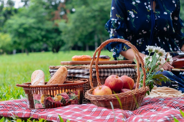 Picnic de frutas, manta y violín en el parque.