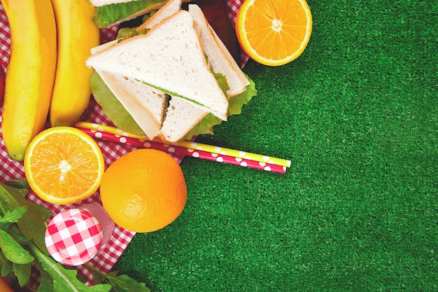 Picnic en la hierba. Mantel rojo a cuadros, cesta, sándwich de comida saludable y fruta, jugo de naranja. Vista superior. Descanso de verano. Endecha plana.