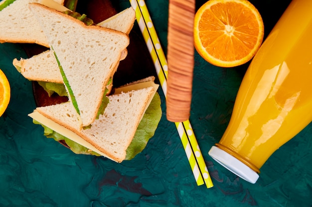 Picnic con jugo de naranja y sandwiches