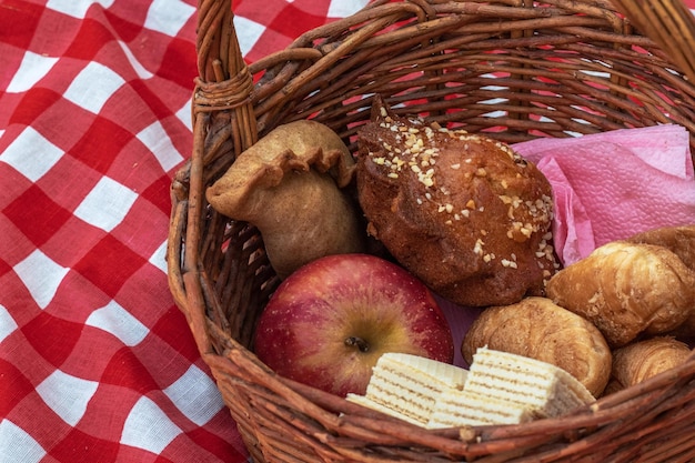 Picnic en la naturaleza durante las vacaciones Hora de la cena Diferentes productos alimenticios Deliciosa comida apetitosa