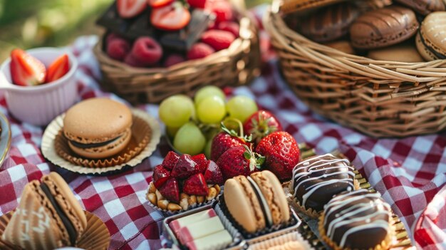 Foto un picnic no está completo sin un toque de dulzura. disfruta de chocolates hechos a mano, macarrones y...