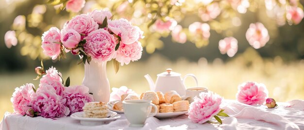 Foto picnic no prado de peônias em flortabela na grama em um parque descanso ao ar livre café da manhã no