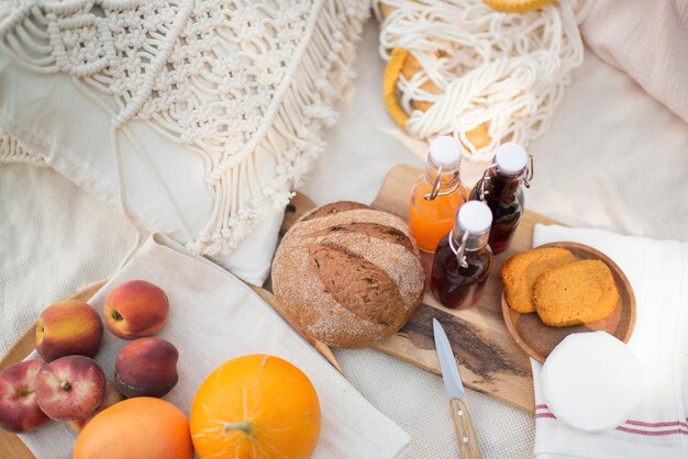 Picnic en la orilla del lago, manta con cesta, fruta y zumo