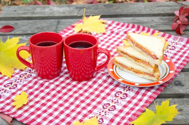 Picnic de otoño en la naturaleza, dos tazas rojas y sandwich