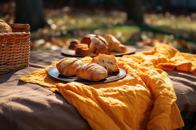 Foto picnic de otoño con pan recién horneado