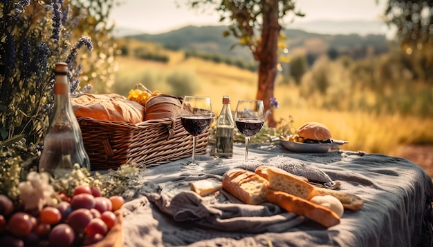 un picnic con pan pan y copas de vino