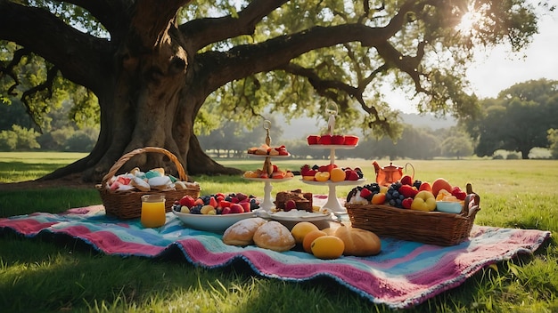 Picnic en el parque con una canasta de frutas y bayas