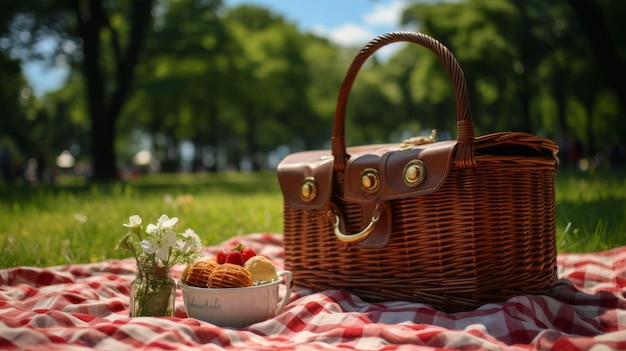 Picnic en el parque con una canasta llena de bocadillos