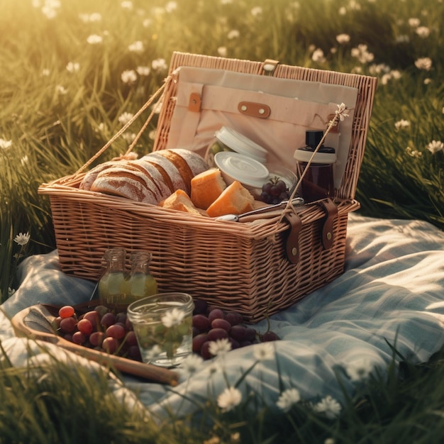 Picnic en el parque en un día soleado Cesta con croissants té y frutas