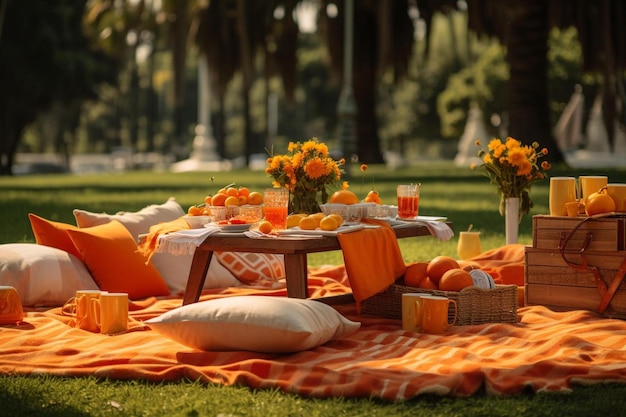 Picnic en el parque con naranjas y flores.