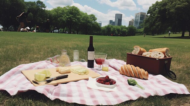 Un picnic en un parque con vistas al horizonte de la ciudad de fondo.