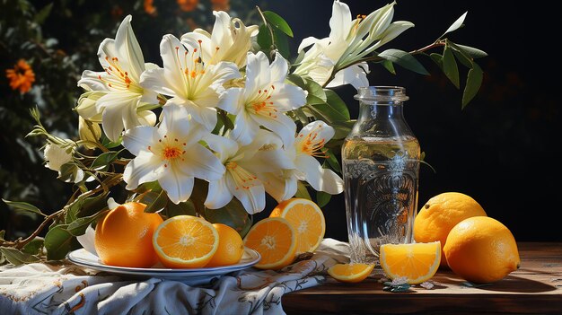 Picnic de pintura al óleo con limones lirios de otoño y hierba