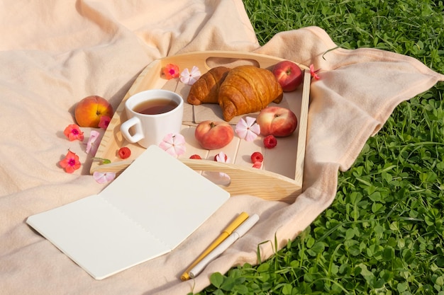 Foto picnic en una pradera con pasto verde. sobre plaid claro, bandeja de madera con vaso de té, melocotones, croissants y frambuesas. cerca hay un cuaderno con páginas en blanco y bolígrafo. ambiente tranquilo, colores brillantes.