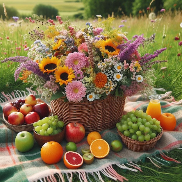 Foto un picnic en un prado verde con una canasta de frutas y flores