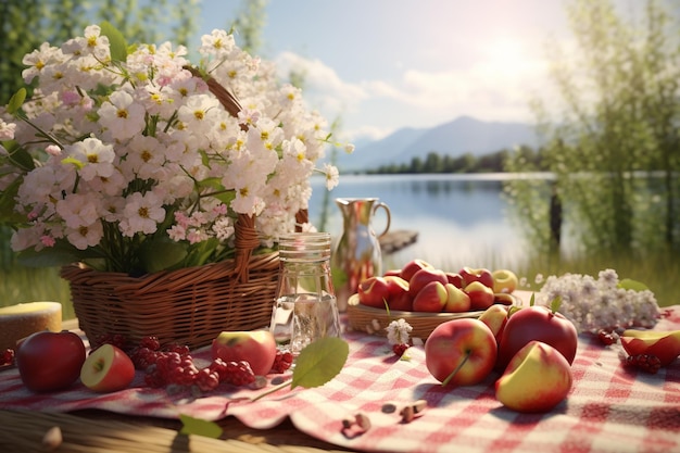 Picnic de primavera brillante y soleado con flores y generativo ai