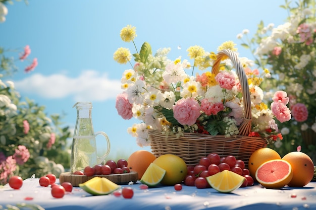 Picnic de primavera brillante y soleado con flores y generativo ai