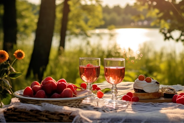 picnic romántico en el bosque con frutas y dos vasos de vino