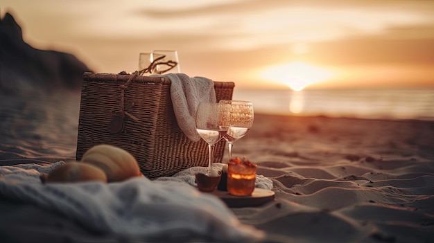 picnic romántico en la playa con una canasta y copas de vino