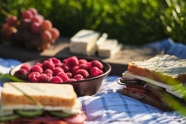 Picnic romántico en el pueblo en la naturaleza Sándwiches de bayas, queso y frutas para el desayuno